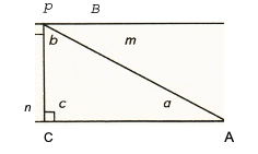 Top horizontal line with p and B above it. A bottom horizontal line has C and A under it. A vertical line forms a right angle on the bottom, with the exterior angle labeled n and the interior labeled c. A diagonal line completes a right triangle between the horizontal lines, with the interior angles labeled b and a and the top exterior angle labeled m.