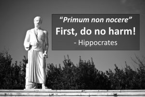 A statue of Hippocrates with the text "First, do no harm!" superimposed.