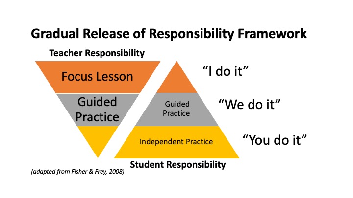 In the gradual release of responsibility framework, the teacher has more responsibility for the focus lesson ("I do it") and guided practice ("we do it"), while the students have increasing responsibility during independent practice ("you do it").