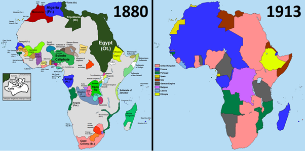 image of Africa in 1880 and in 1913 with territories outlined.