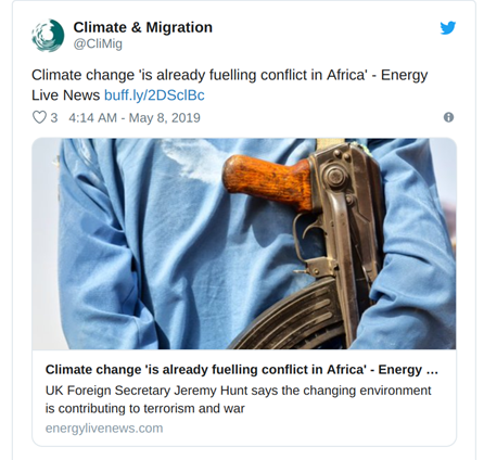 image of Tweet showing that climate change "is already fueling conflict in Africa"