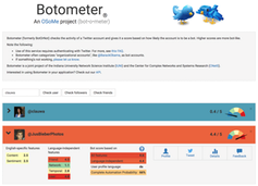 A screenshot of the Botometer website, showing one human and one bot account.