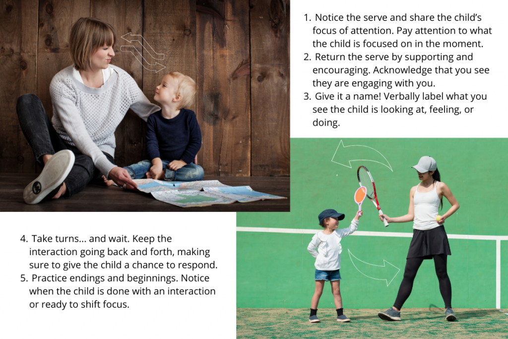 An adult and child sit on the floor looking at each other with a map in front of them. Second image, A child and an adult tap rackets on a tennis court.