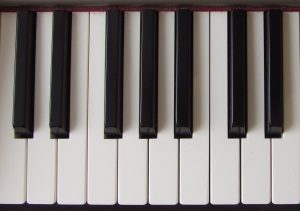 A photograph of a piano keyboard. There are both white keys and black keys.