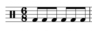 A percussion clef, compound meter time signature (6/8) and six eighth notes