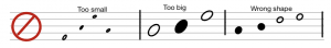 Shows incorrect examples of noteheads. Some of the noteheads are too small, some are too big, and some are the wrong shapes. Noteheads on both lines and spaces are depicted, and there are both open and filled in noteheads.