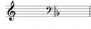 A treble clef is shown with a blank key signature, and a one-flat key signature is shown after a bass clef.