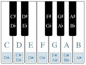 A piano keyboard is shown with white and black keys labeled. Additionally, double accidentals are shown on some of the white keys.
