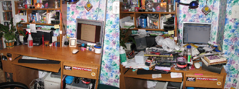 Before and After of Two Desks. One tidy and the other messy.