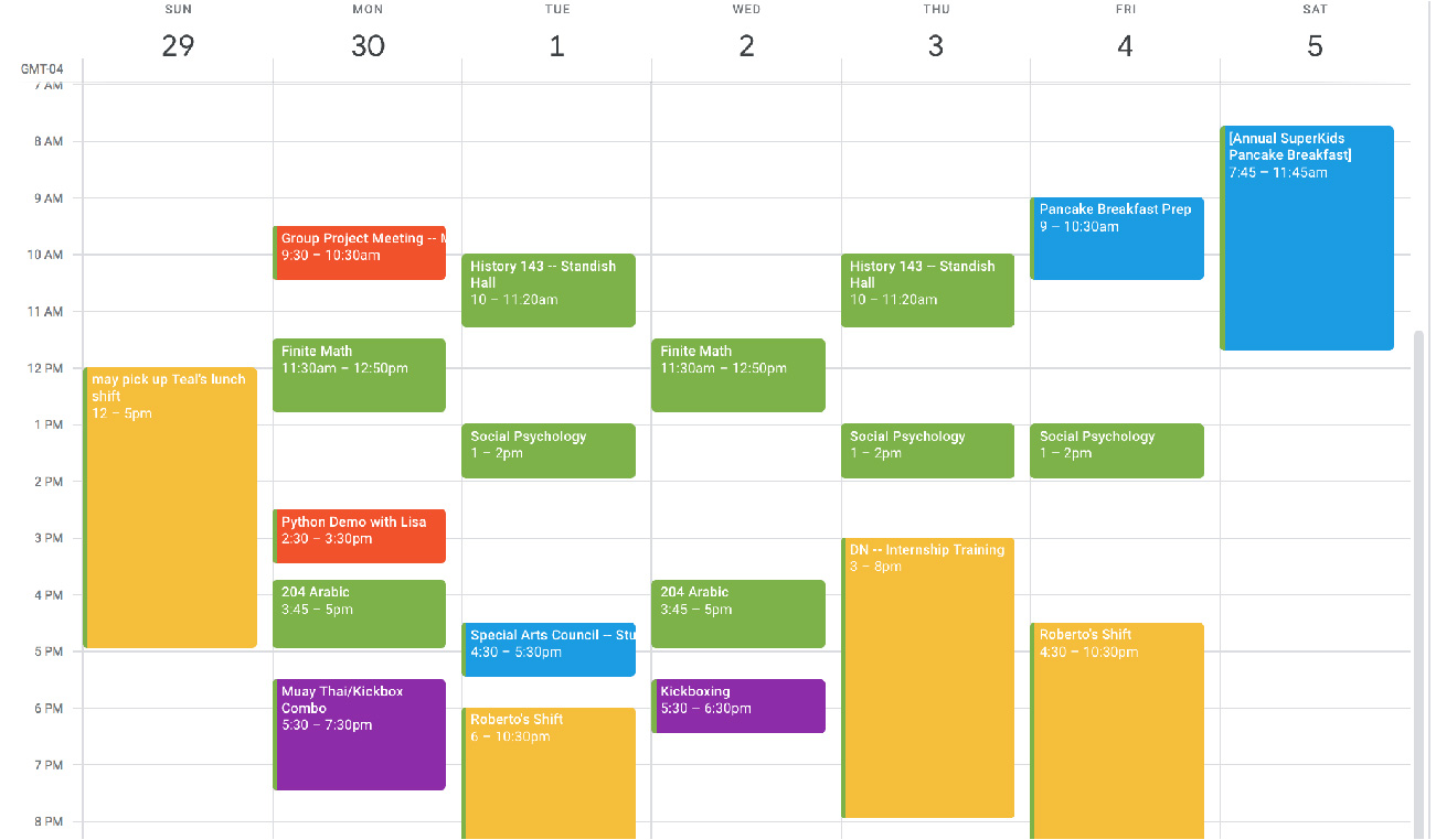 Student Google calendar with many classes, club meetings, work, etc depicted in numerous colors.