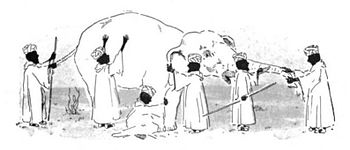 drawing of an elephant with six men standing around it. Each man is touching a different part of the animal: the tail, the back, a foot, an ear, the beginning of the trunk, and the end of the trunk.