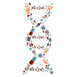 Graphic representing epigenesis. It is shaped like intertwined DNA strands, but the strands are made up of more DNA, body parts like hands and eyes, and items to represent environmental influences, such as medicines