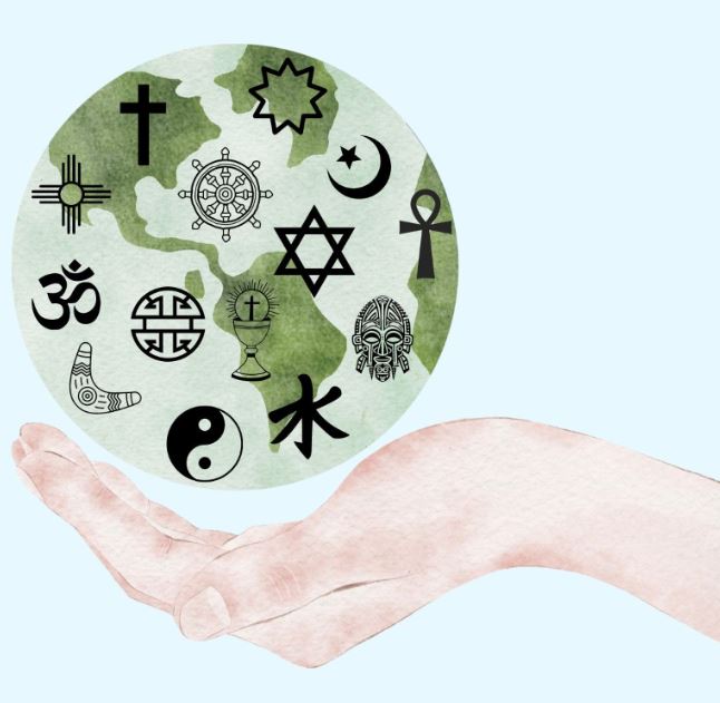 a globe with several religious symbols, floating above a hand with palm upturned as if it were holding the earth.