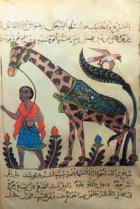 An image of a man and a giraffe from the ninth-century Book of Animals