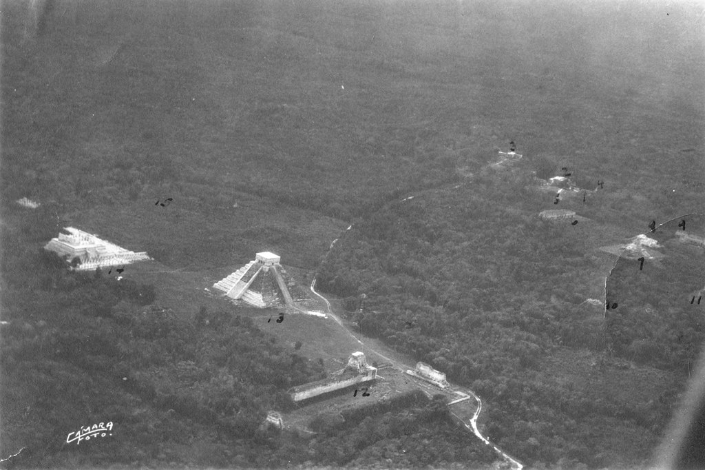 Aerial view of Chichen-Itza. Yucatan, Mexico. 1927. Public Domain photograph from the U.S. Geological Survey