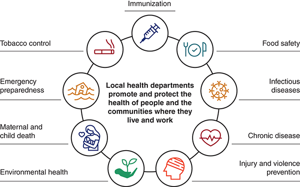 The services provided by the local health departments to promote and protect the health of people and the communities where they live and work are listed.