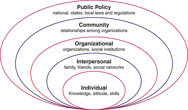 The socio-ecological model is represented as 5 nested circles that are labeled from the inside out, as follows: individual, interpersonal, organization, community, and public policy.