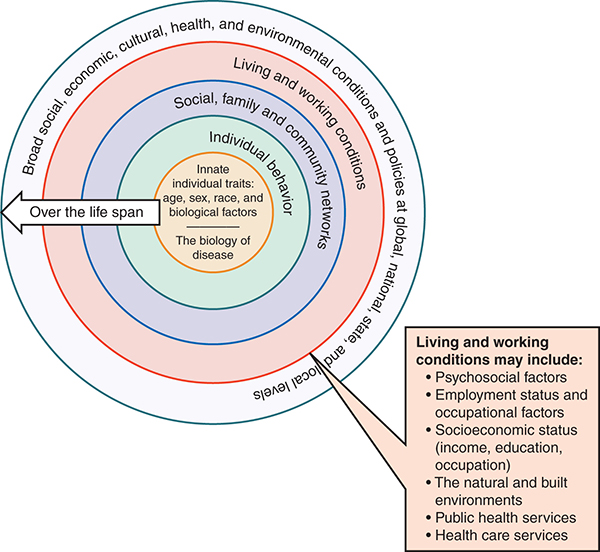 The Health Belief Model represents the factors influencing health outcomes as several concentric layers.