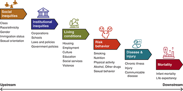 A continuum of social determinates from left, upstream, to right, downstream: social inequities, institutional inequities, living conditions, risk behavior, disease and injury, and mortality.