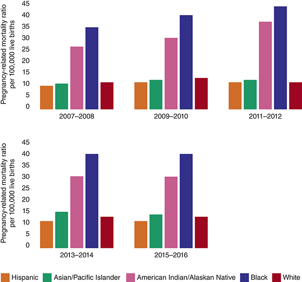 Five bar charts depict the pregnancy-related mortality ratio for 5 different ethnicities, from 2007 to 2016.