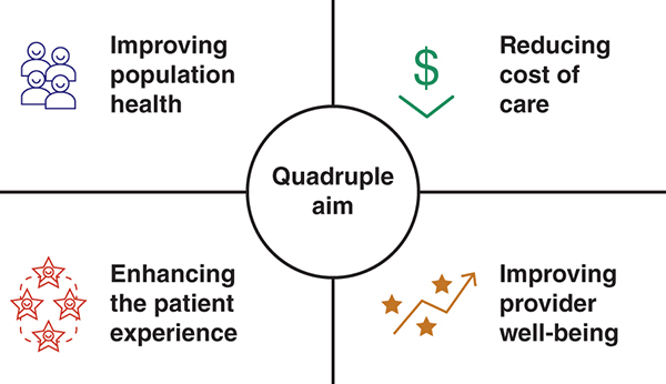 The quadruple aim includes four goals. Reducing the cost of care, improving provide well-being, enhancing the patient experience, and improving population health.