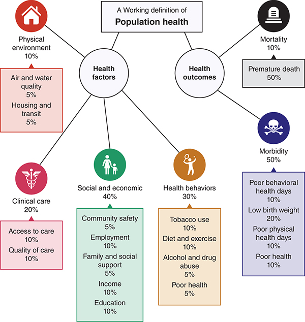 A working definition of population health includes the health factors and health outcomes.