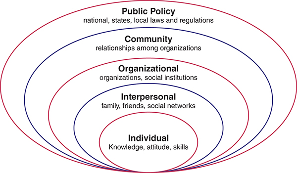 The socio-ecological model is represented as 5 nested circles that are labeled from the inside out, as follows.a