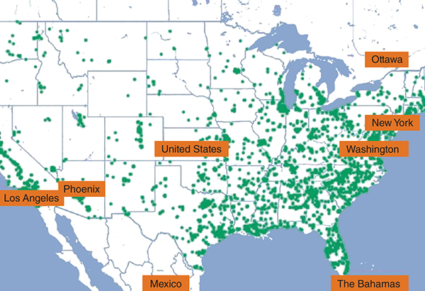 The concentration of gun deaths across the U S with places like Los Angeles, Phoenix, New York, Washington, Ottawa, Mexico, and The Bahamas located on the map. The eastern and southeastern parts of the U S experience more gun deaths compared to other regions.