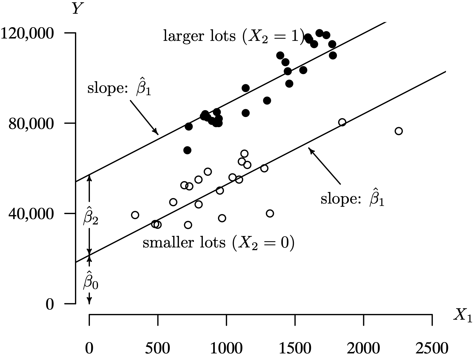 A scatter plot graph with multiple linear regression lines for data pairs indicating sales price for smaller lots and larger lots. The values of beta cap 0, beta cap 1 and beta cap 2 are indicated.