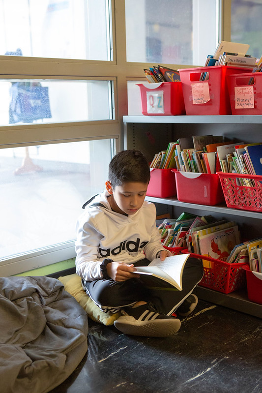 A boy sits on the floor in a reading area as he reads a book.