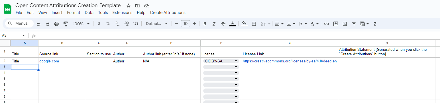 Screenshot of Open Content Attributions Creation spreadsheet [links out]